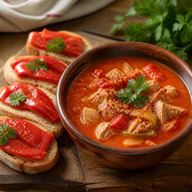 RECEPT: Voorgerecht: La Belle-Iloise Tonijnsoep Basquaise met Paprika-Crostini