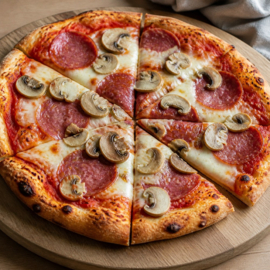 RECEPT: Hoofdgerecht: Pizza met Salami, Champignons en A L'olivier Pizza-Olie