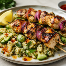 RECEPT: Hoofdgerecht: Kipspiesjes met Geroosterde-Paprikaolie en Couscous