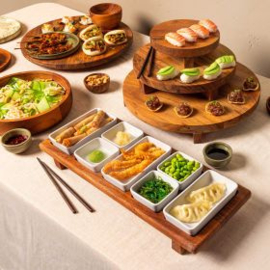 Pure Acacia Wood Borreltray 49 cm. 5-vaks met witte Stenen Schaaltjes