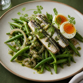 RECEPT: Voorgerecht: La Belle-Iloise Sardines Royans met Lauwe Sperziebonen en Ei