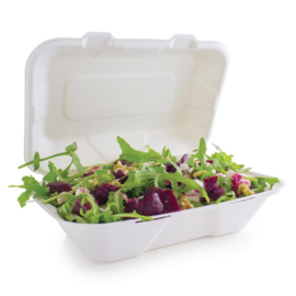 VEGWARE COMPOSTEERBARE BAGASSE VOEDSELDOZEN MET SCHARNIERDEKSEL 22,8CM (200 STUKS)