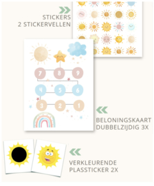 3 dubbelzijdige beloningskaarten 'zonnetjes' met Stickers en verkleurende plasstickers