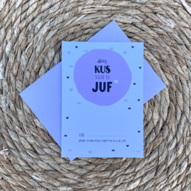 Kaart: dikke KUS voor de JUF incl lila envelop en sticker