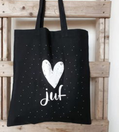 Tas Juf, zwart met wit hart (incl inpakzakje, minikaartje & sticker)