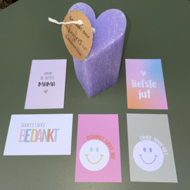  Staande kaars hart, lila (inclusief kaartje en verpakking