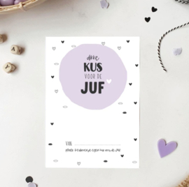 Kaart: dikke KUS voor de JUF incl lila envelop en sticker