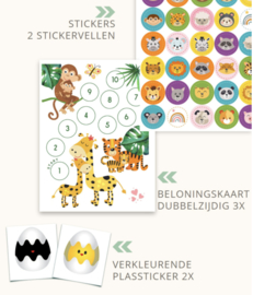 3 dubbelzijdige beloningskaarten 'Jungle' met Stickers en verkleurende plasstickers