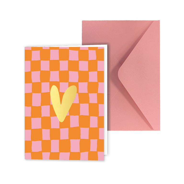 Dubbele wenskaart, oranje/roze met hartje in goudfolie, inclusief envelop
