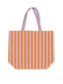 Canvas shopper, oranje/lila gestreept. (inclusief verpakking, minikaartje en sticker)