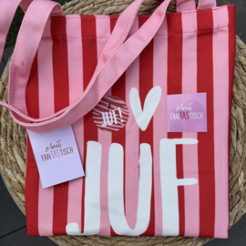 Canvas shopper roze/rood, JUF (inclusief verpakking, minikaartje en sticker)