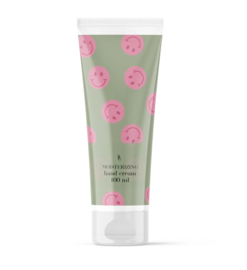 Tube handcrème (groen met smileys) inclusief minikaartje.