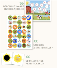3 dubbelzijdige beloningskaarten 'boerderij' met Stickers en verkleurende plasstickers
