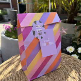 Canvas shopper, oranje/lila gestreept. (inclusief verpakking, minikaartje en sticker)