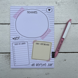 Setje: notitieblokje A5 inclusief roze pen: de liefste JUF