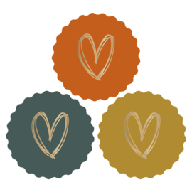 2 x 3 kado stickers Ø 55 mm: 3 kleuren met gouden hartje