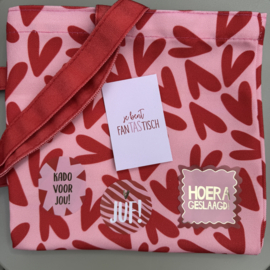 Canvas shopper, roze/rode hartjes.(inclusief verpakking,  minikaartje en sticker)