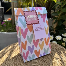 Canvas shopper, roze/rode hartjes.(inclusief verpakking,  minikaartje en sticker)
