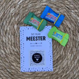 Kaart met bloemenzaadjes 'tot ziens MEESTER bedankt voor alles' & 3 toni chocolonely chocolade