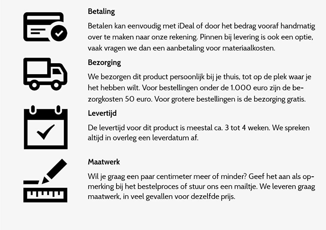 overzicht betaalmethodes, bezorging, levertijd en maatwerk