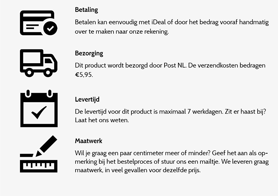 overzicht betaalmethodes, bezorging, levertijd en maatwerk