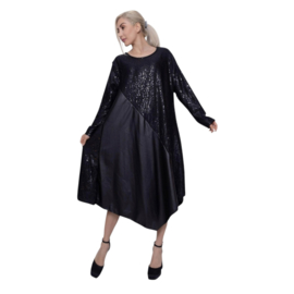 ITALIA Style  A-lijn jurk/tuniek met pailletten en eco leder/zwart /stretch