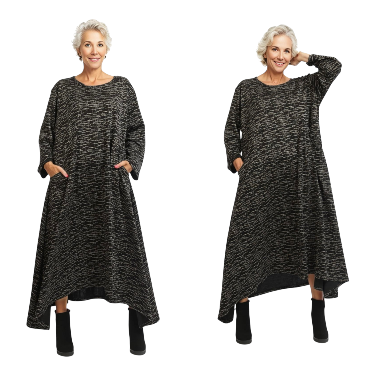 AKH oversized viscose mix A-lijn jurk apart stretch zwart/ecru