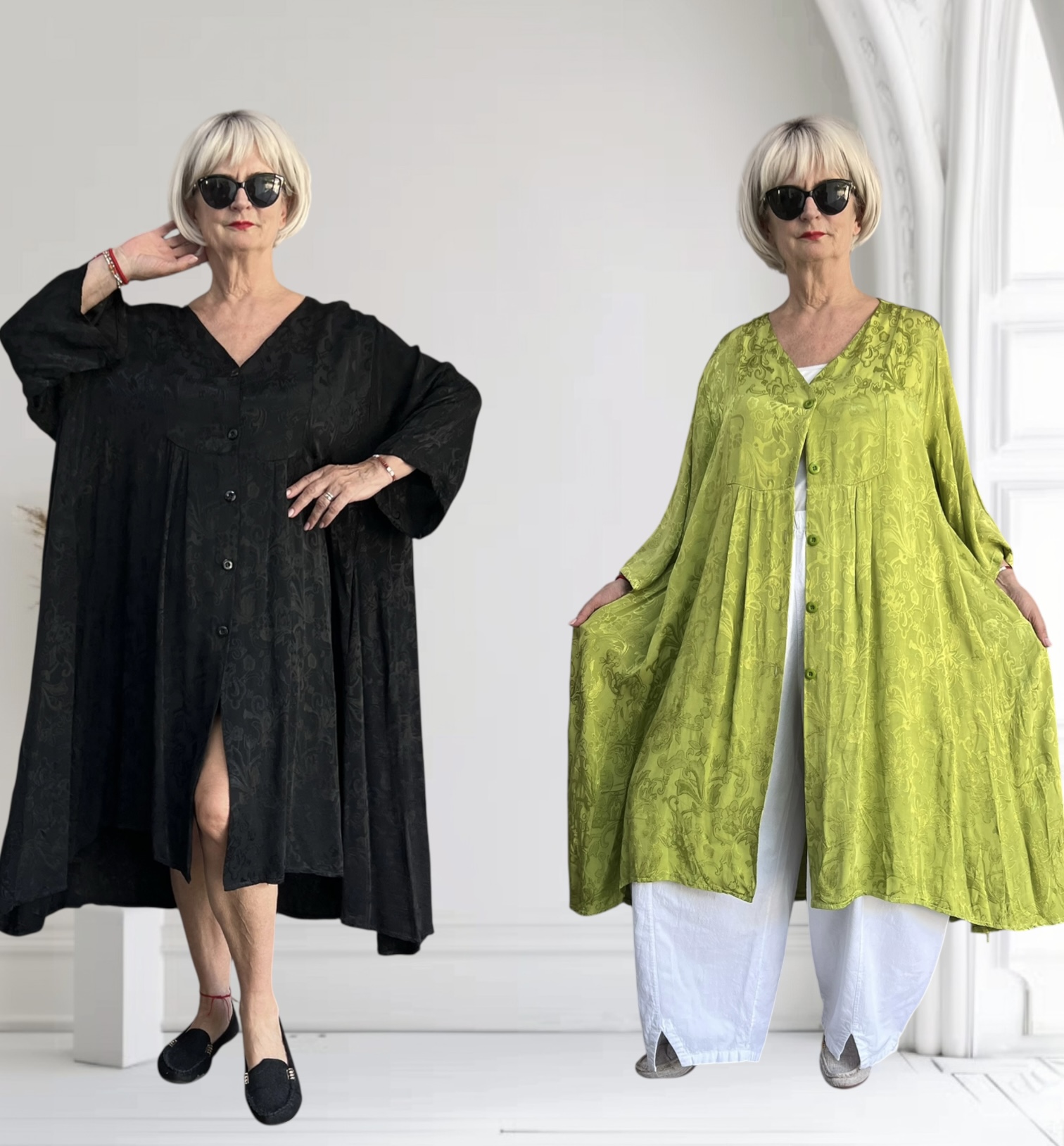 MB Germany satijn/viscose A-lijn jurk/blouse  met zakken/in meerdere kleuren