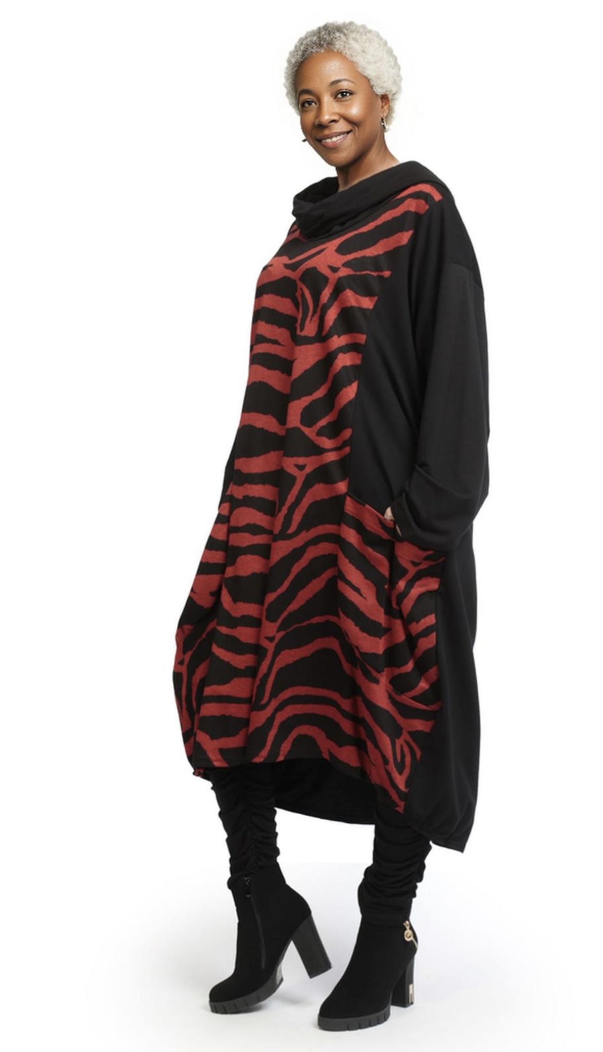 AKH oversized viscose mix jurk/tuniek apart stretch zwart/rood