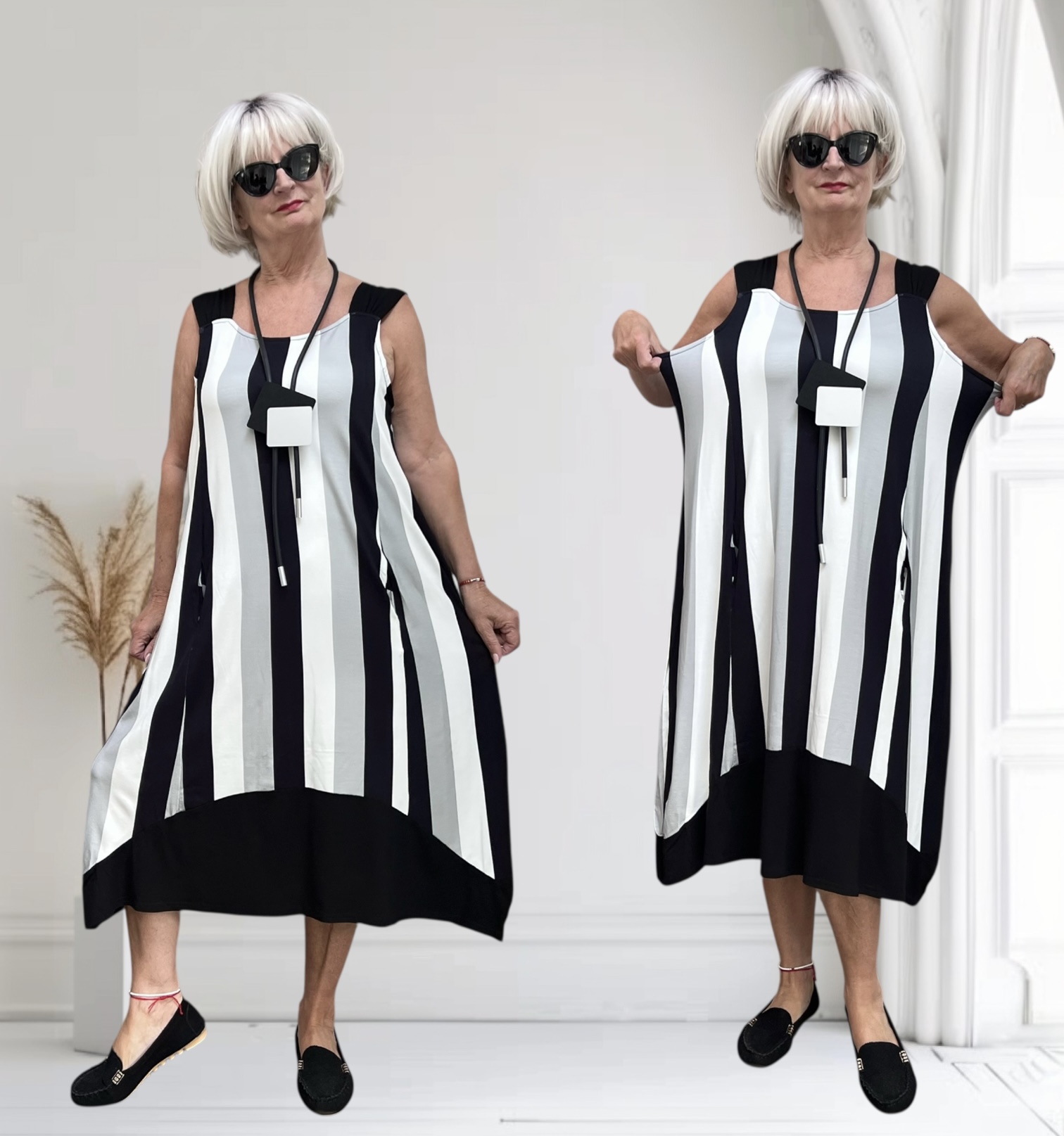 Naveed  oversized viscose jersey A-lijn jurk stretch/ wit/zwart/grijs