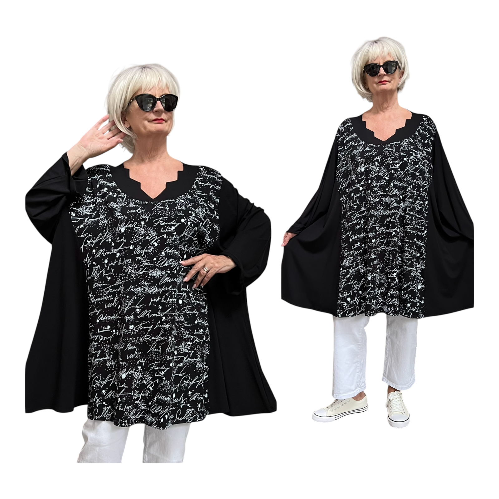 New Jersey oversized viscose A-lijn tuniek met aparte decolleté/extra wijd/ stretch/zwart/wit