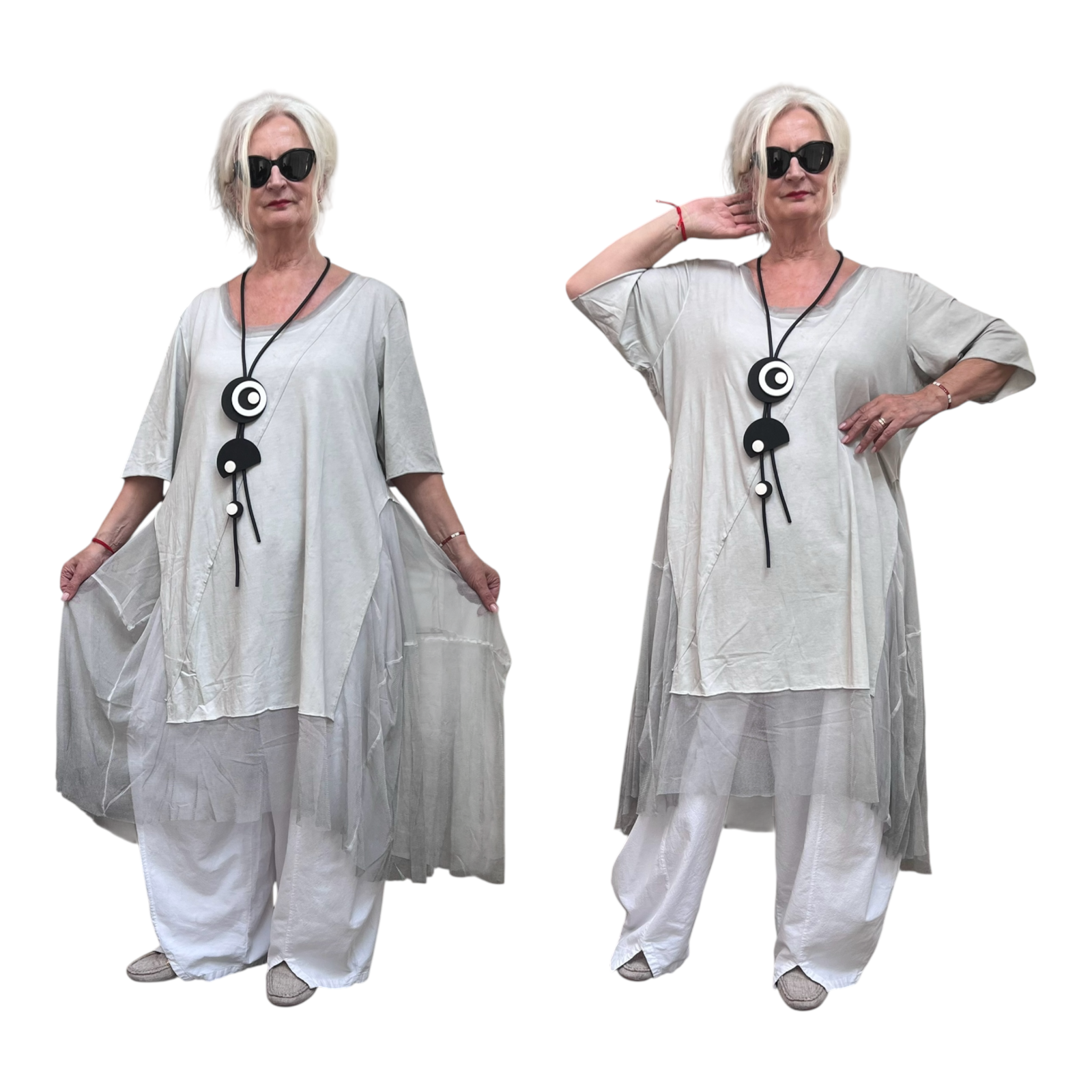 LUUKAA de modieuze kleuring oversized katoen  A-lijn jurk/tuniek met tule/ stretch