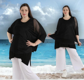 AKH oversized viscose top/tuniek met inzet van tule/apart stretch  zwart