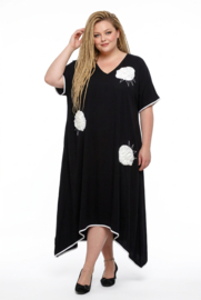 CN-G viscose A-lijn jurk met bloemen applicaties zwart