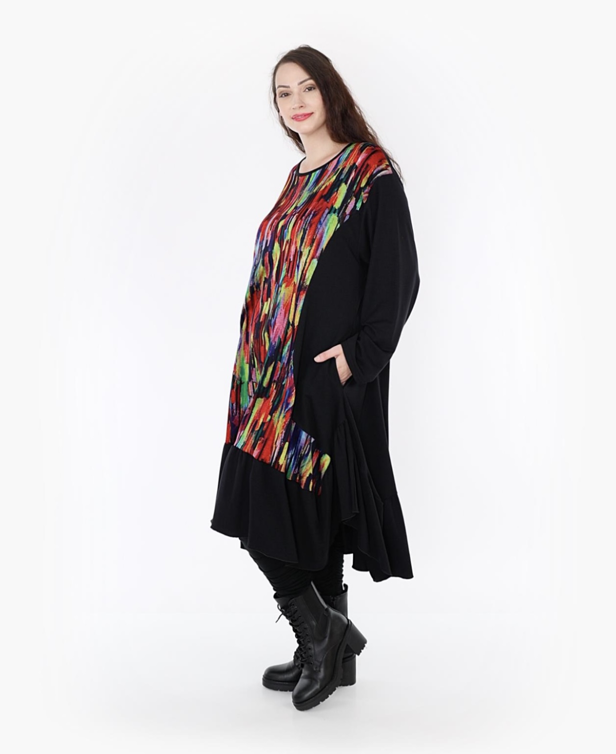 AKH oversized viscose mix A-lijn jurk apart stretch zwart/multicolor