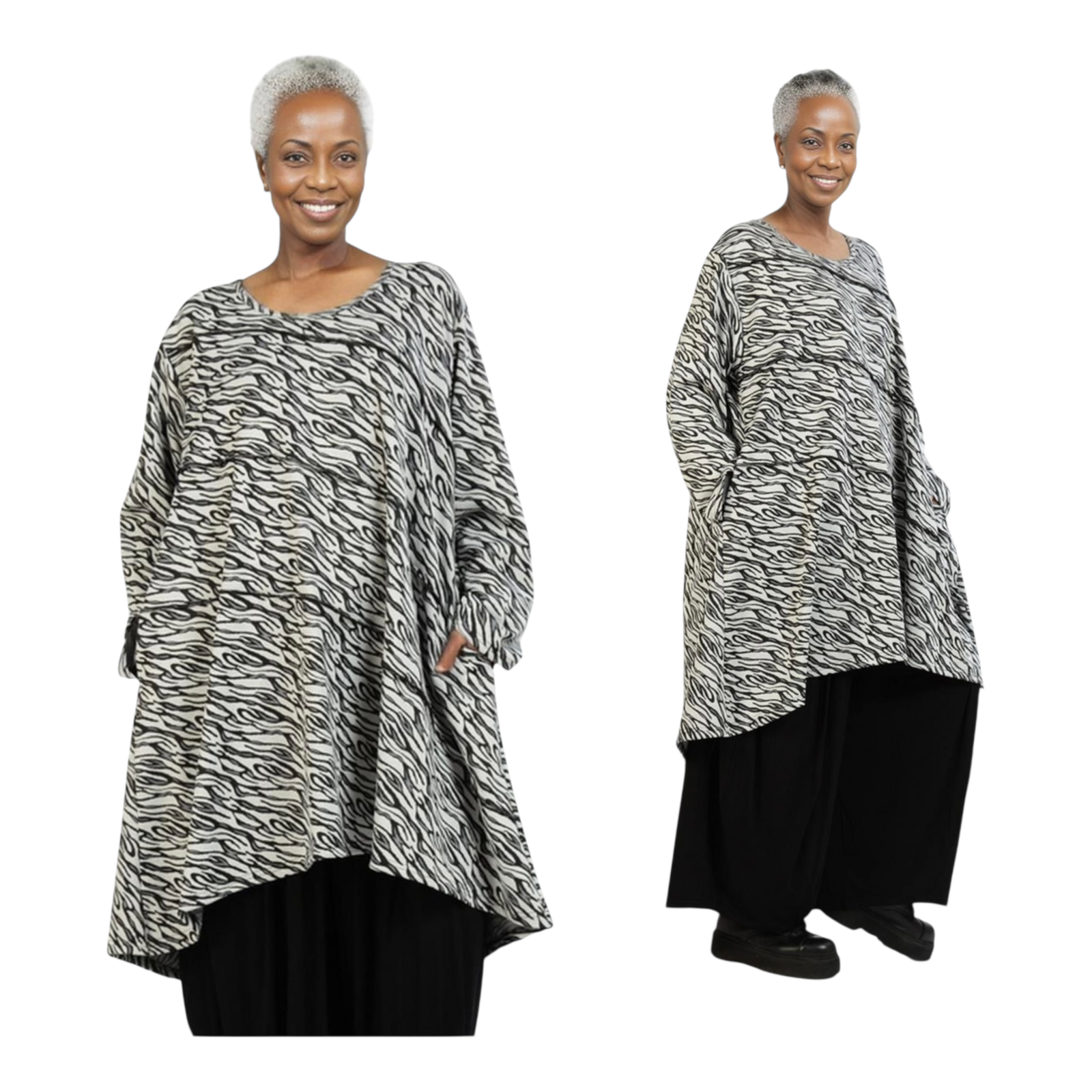 AKH oversized viscose mix jurk/tuniek apart stretch zwart/wit
