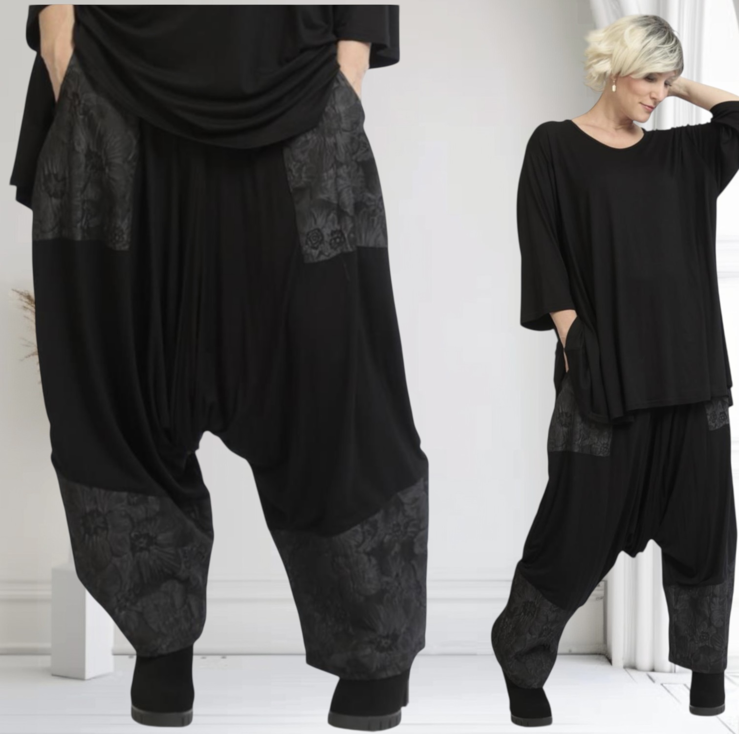 AKH oversized viscose harembroek stretch zwart