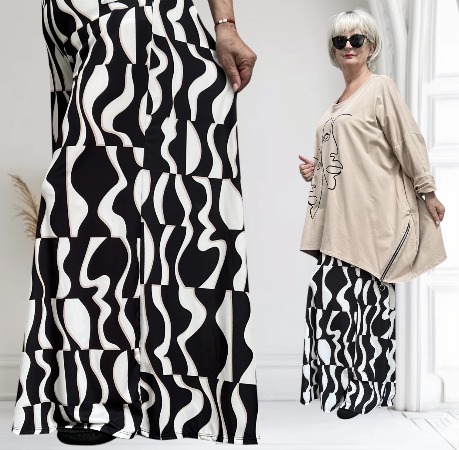 ITALY Mode jersey viscose  wijde broek apart /zeer rekbaar/zwart/wit/beige