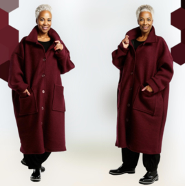 AKH oversized lange wollen winterjas/mantel  gevoerd wijnrood