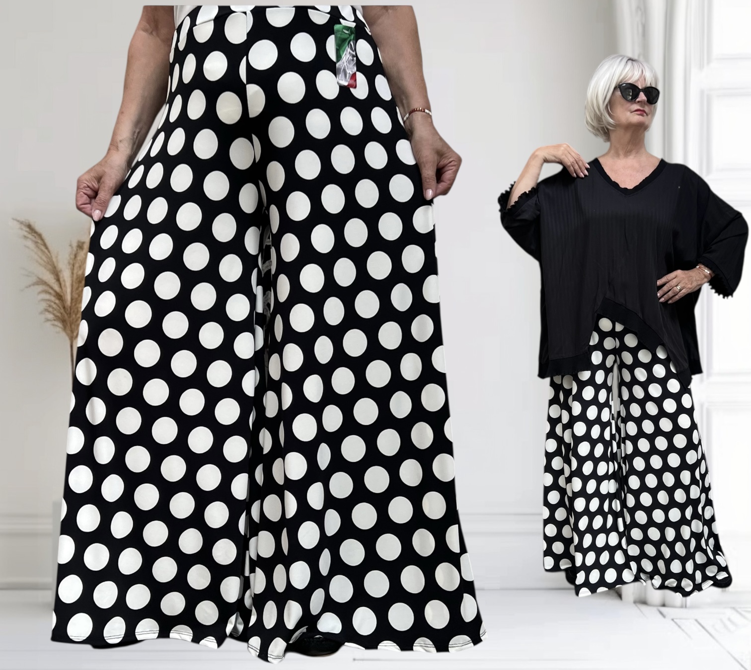 ITALY Mode jersey viscose  wijde broek apart /zeer rekbaar/zwart/wit