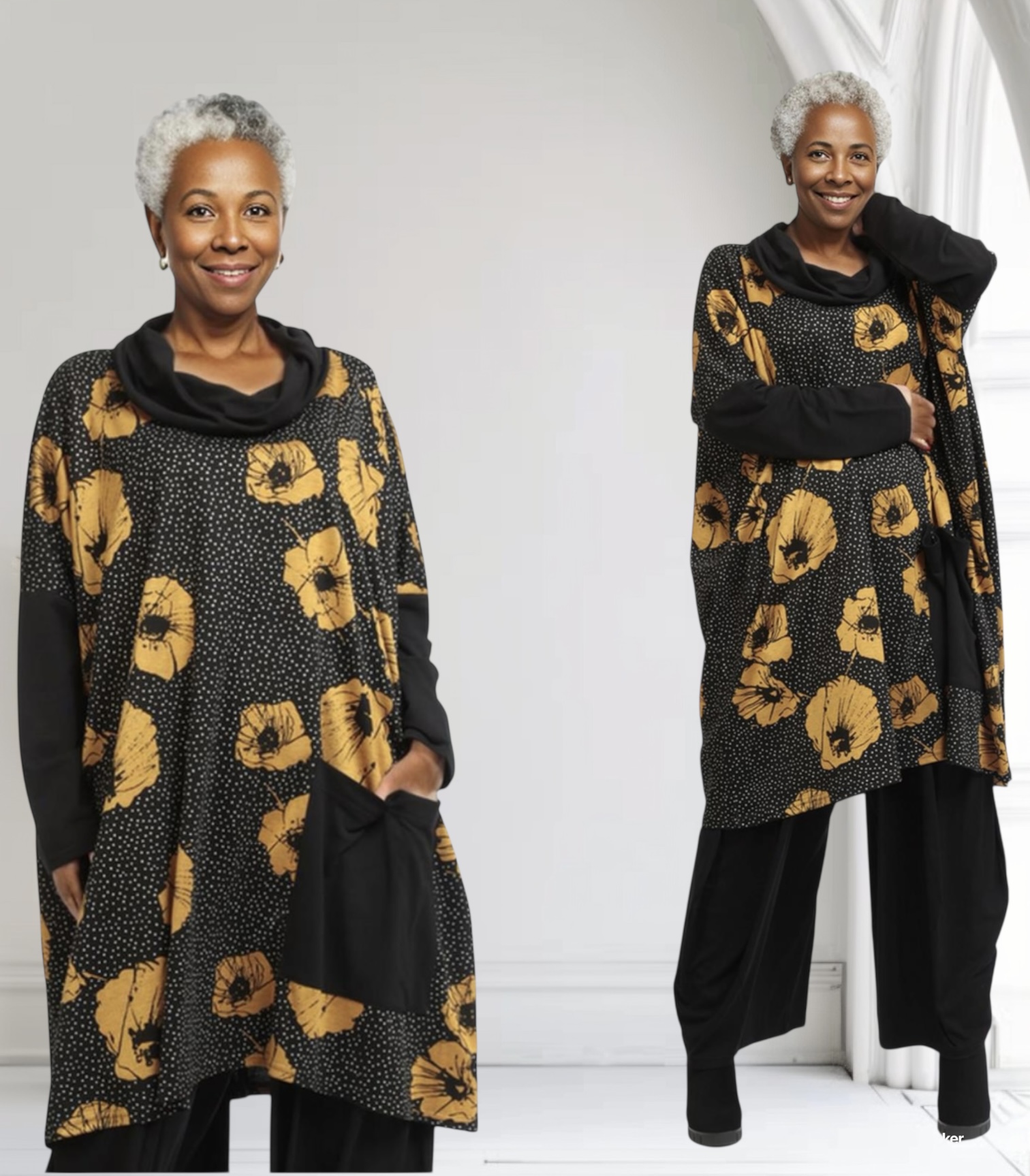 AKH oversized viscose mix tuniek apart stretch zwart/okergeel