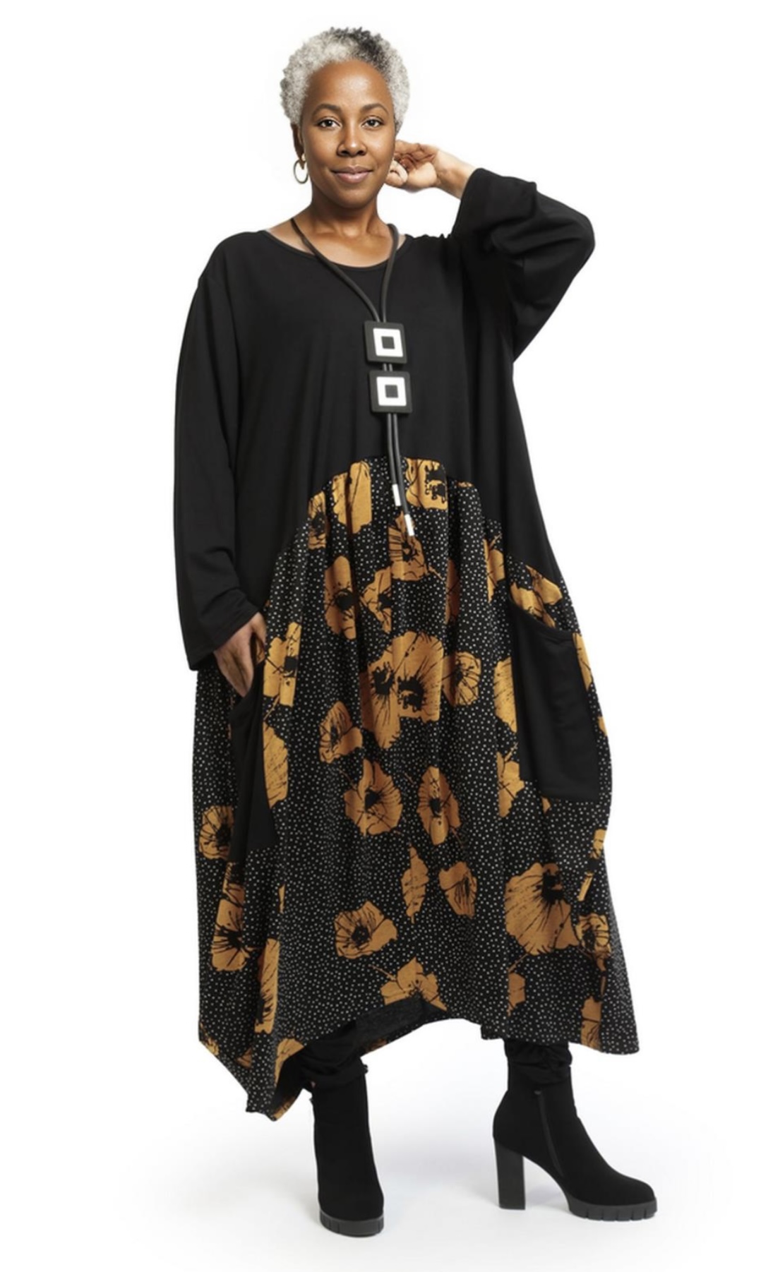 AKH oversized viscose mix tuniek apart stretch zwart/geel