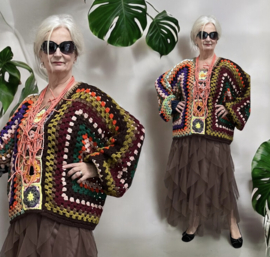 AGE oversized acryl patchwork  lotusbloemen top, handgemaakt