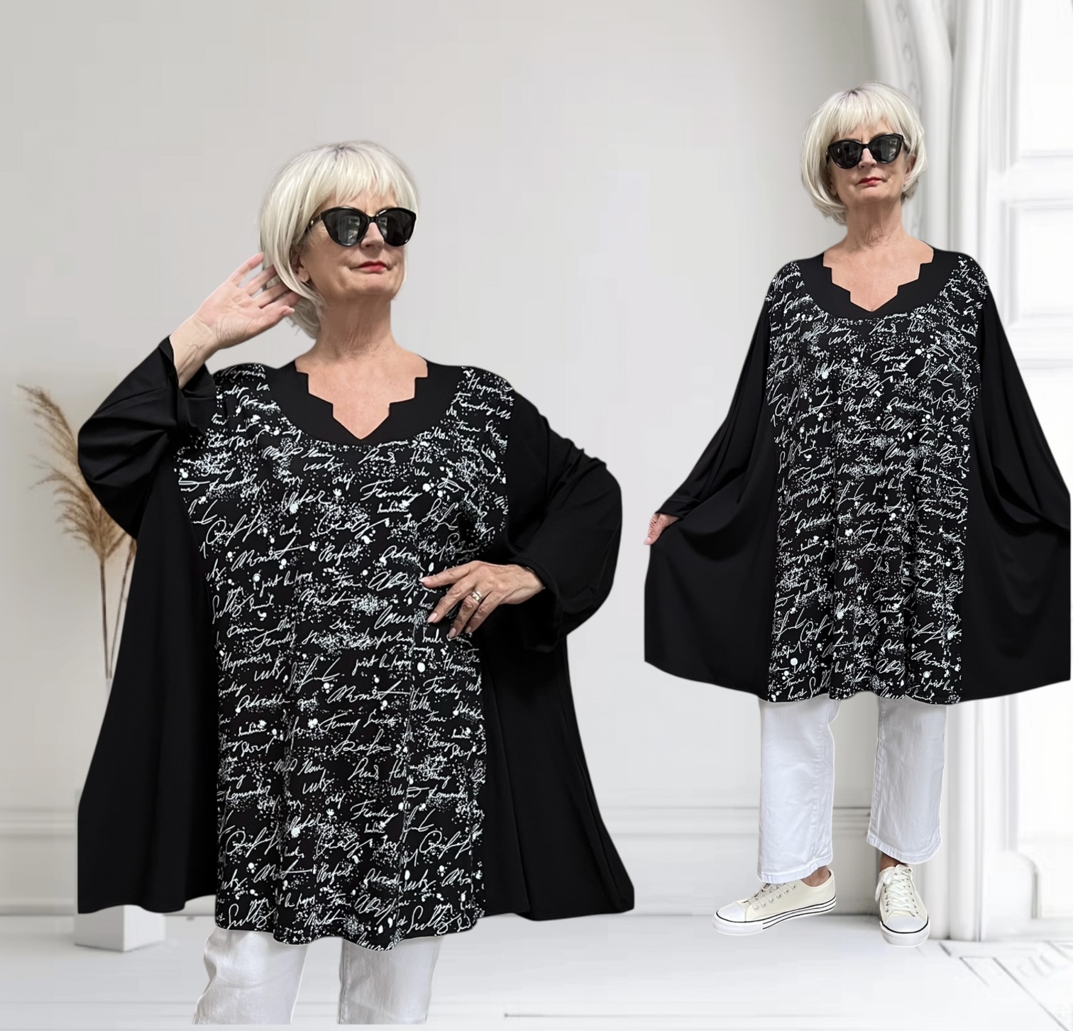 New Jersey oversized viscose A-lijn tuniek met aparte decolleté/extra wijd/ stretch/zwart/wit