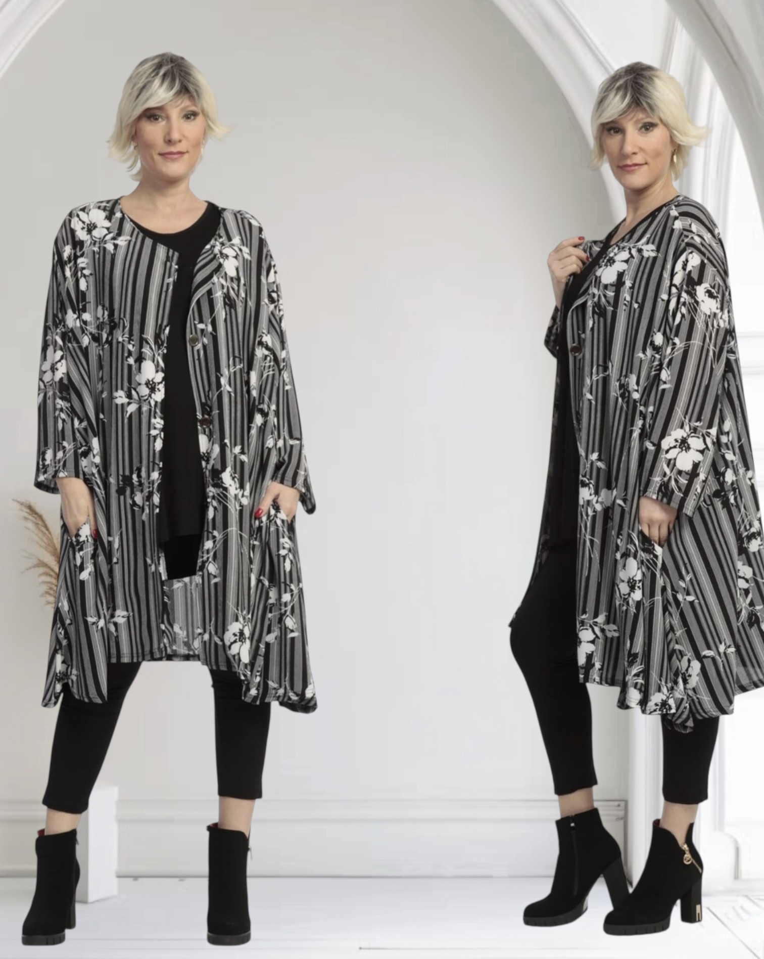 AKH viscose mix oversized A-lijn tuniek/blouse zwart/wit