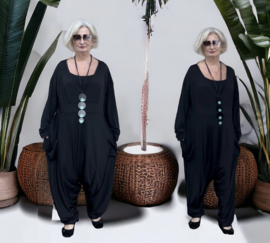 ITALIA MODA jersey A-lijn jurk/harem broek/jumpsuit apart zwart stretch