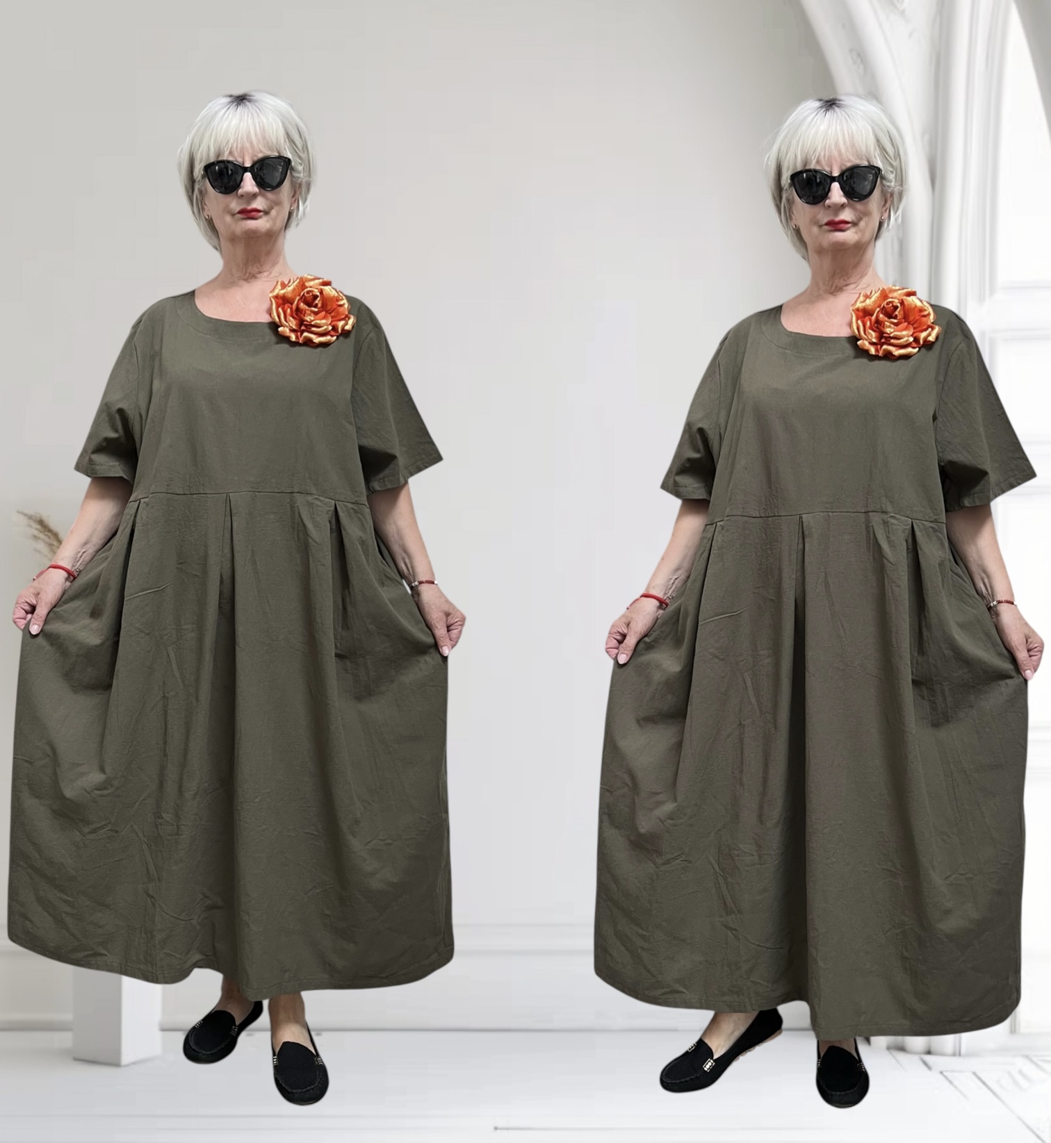 ITALIA  MODA  linnen/viscose  wijde jurk met broche apart
