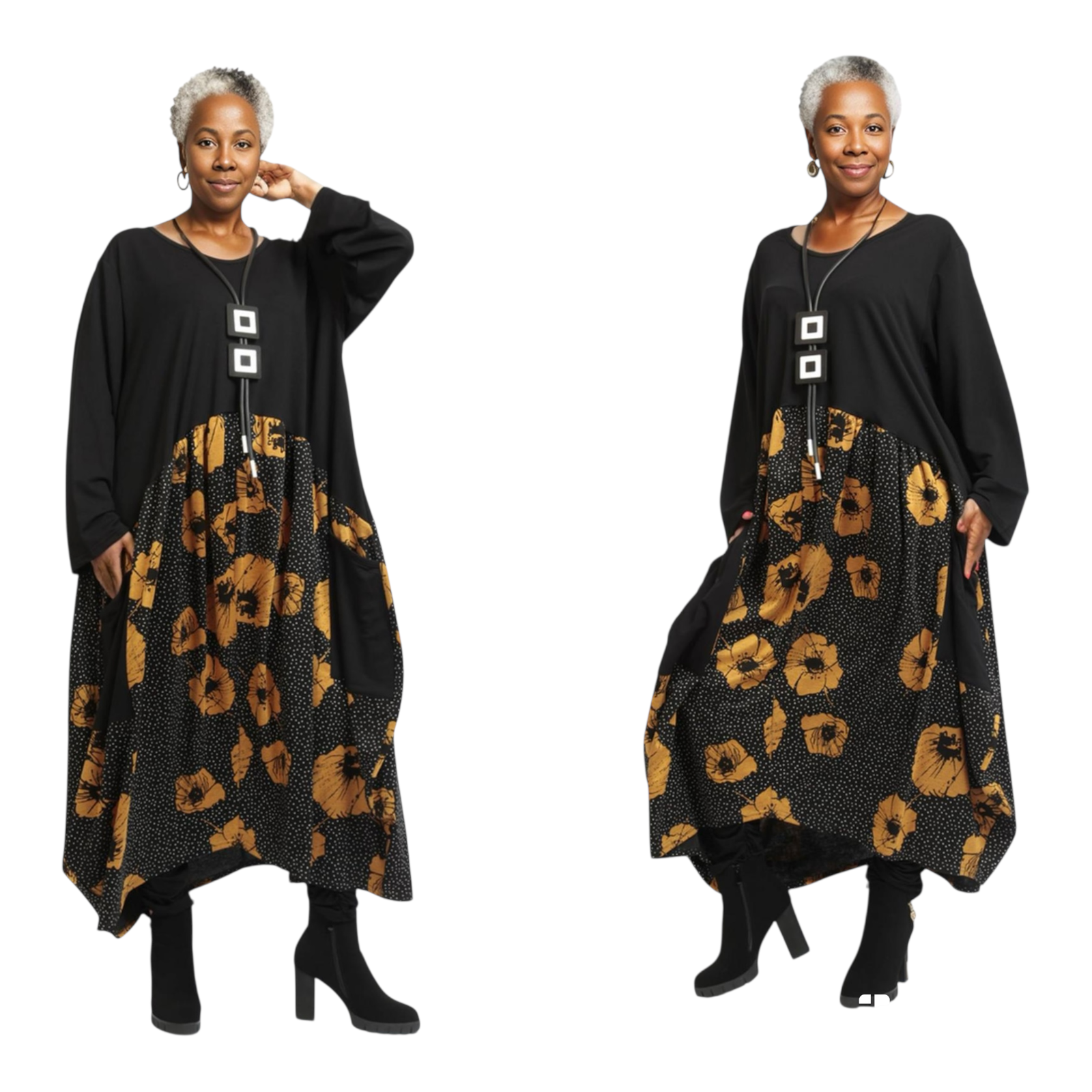 AKH oversized viscose mix tuniek apart stretch zwart/geel