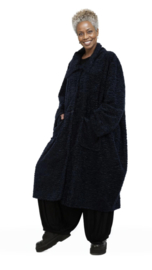 AKH oversized lange ballonvorm glanzendet gekrulde bont winterjas donkerblauw 