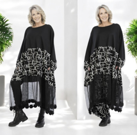 AKH oversized jersey viscose  A-lijn jurk met inzet van tule apart zwart/grijs stretch